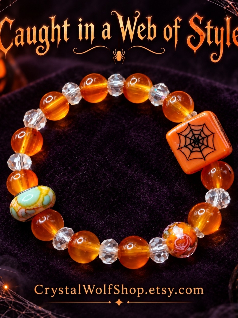 Orange Glass Bead Bracelet with Spiderweb Accent